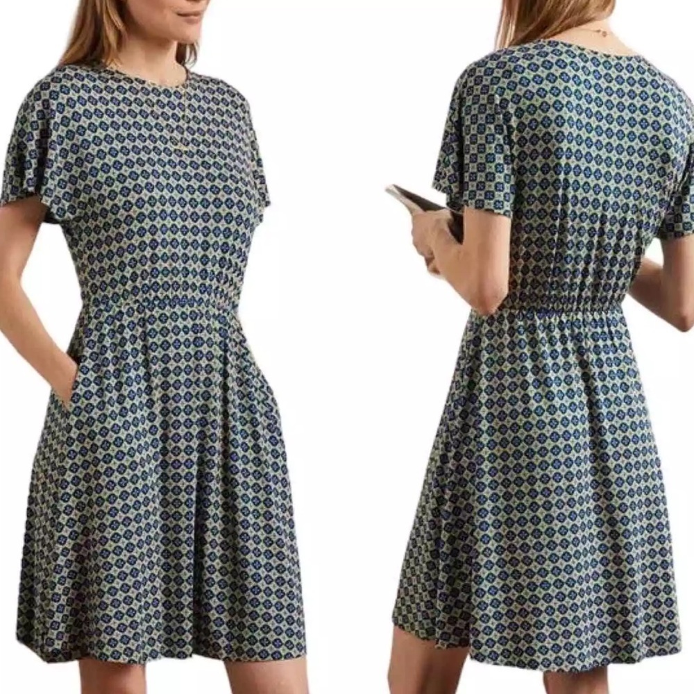 BODEN Flutter Sleeve Purple Green Jersey Mini Dress English Ivy Moroccan Print 6